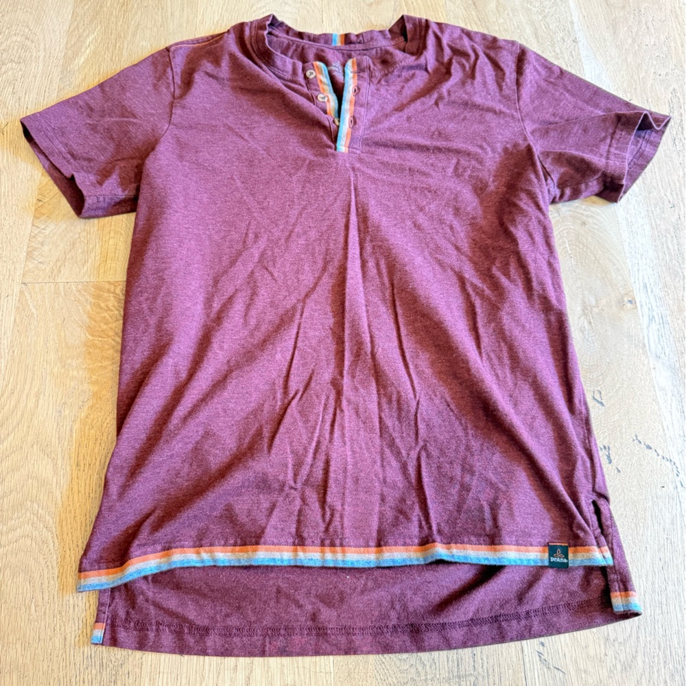 Prana Burgundy Short Sleeve Tee with Multicolor Trim